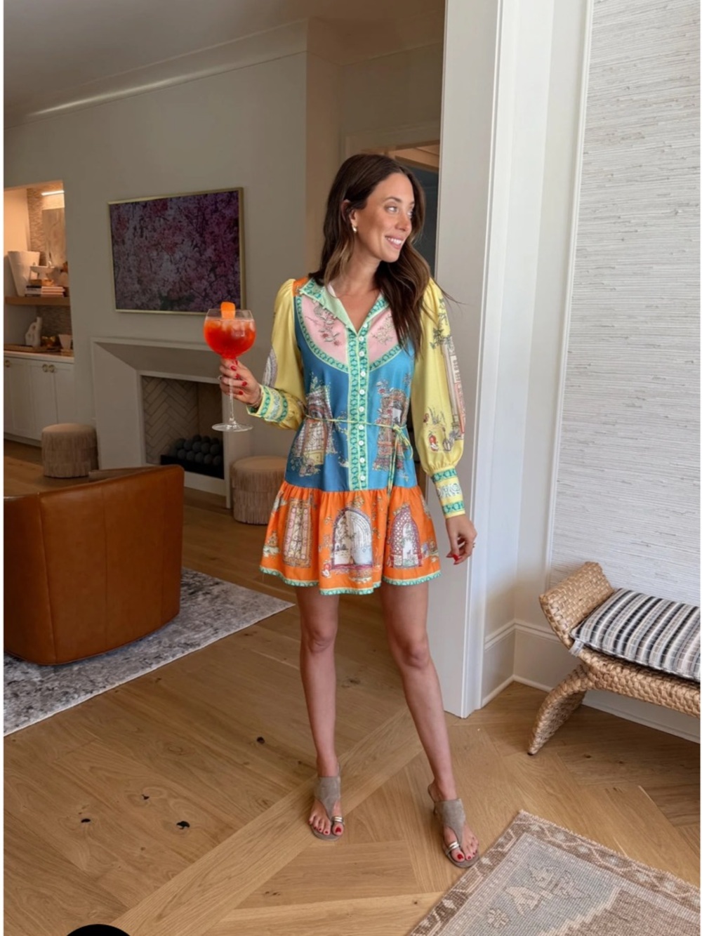Vibrant Multi-Color Printed Long-Sleeve Mini Italian Villa Dress ✨
